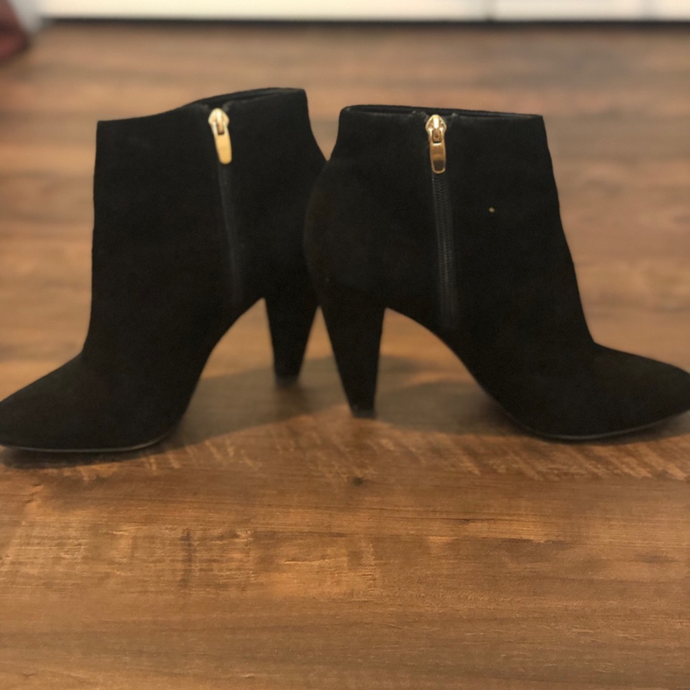 Also Sabre, Black Suede and Gold Heel Boots, 7.5